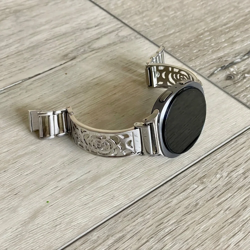 Silver Floral Stainless Steel Smartwatch Band - Fits Round Smartwatches - Picture 5 of 9